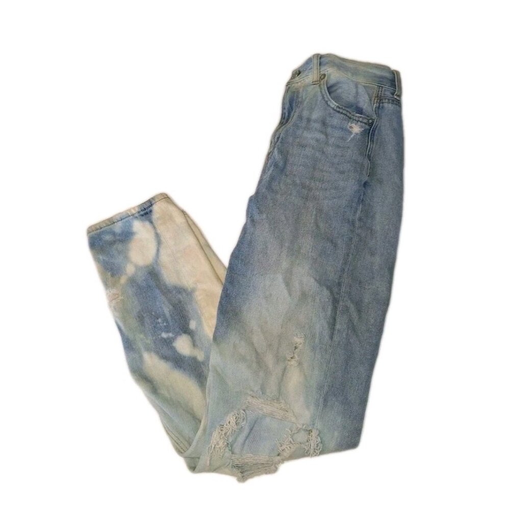 American Eagle Womens Size 2 Blue Jeans 26x30 Mom Jeans Custom Bleached Distress